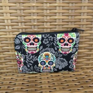 Handmade Colorful Sugar Skull Pouch Coin Purse Bag Blak Gray Small Top Zipper